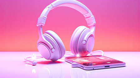 headphones and smartphone on pink background. Music conceptの素材
