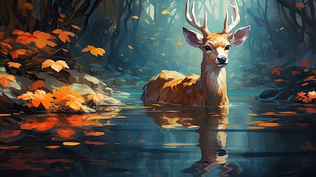 Illustration of a deer in the autumn forest.の素材