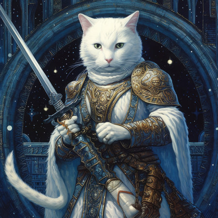 Portrait of a white cat knight with a sword in his hands.の素材