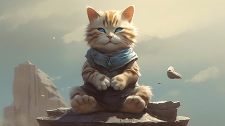 Cute cat sitting on the rock with blue sky and clouds backgroundの素材