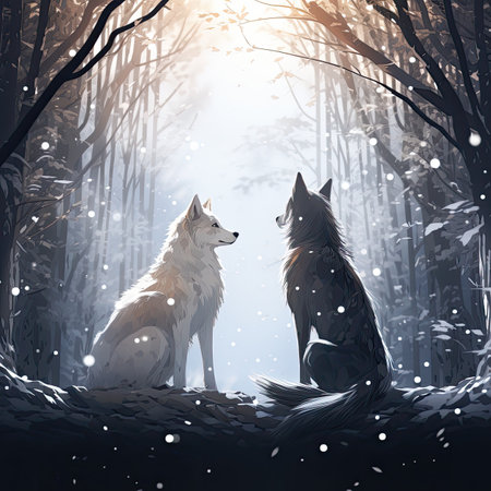 Two wolves in the winter forest. Illustration in vector format.の素材