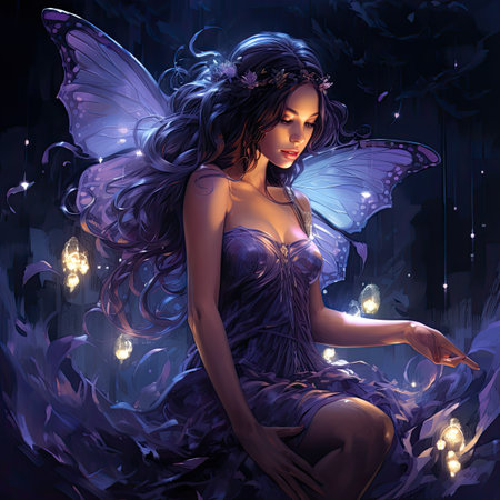 a beautiful fairy sitting in a dark room.の素材