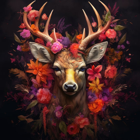 Portrait of a deer with flowers on a black background.の素材