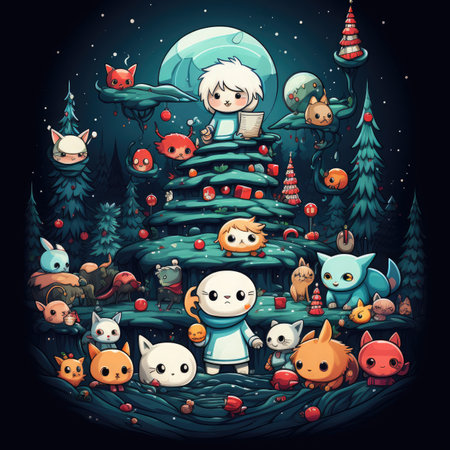 Cute cartoon character in the forest at night. Vector illustration.の素材