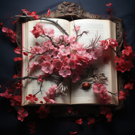 Old book with a branch of a blossoming tree on a black backgroundの素材