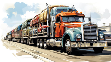Trucks on the road. Vector illustration of a freight transportation.の素材