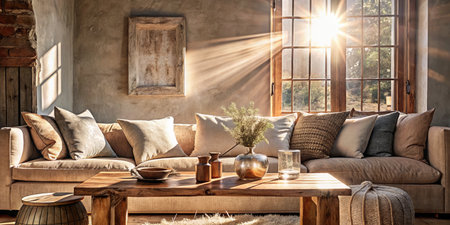 interior of modern loft living room with brown sofa and wooden tableの素材