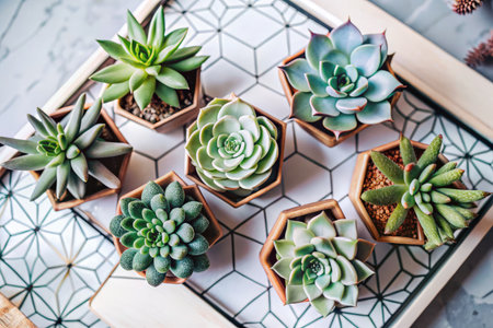 Miniature succulent plants in flowerpotle background, top viewの素材