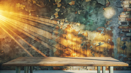 Empty wooden table and grunge wall background.の素材