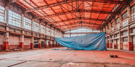Interior of an old abandoned factory building, industrial background, tonedの素材