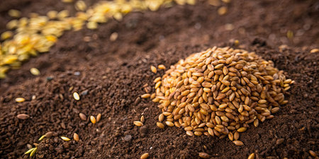 Pile of wheat grains on soil background. Agriculture and farming conceptの素材