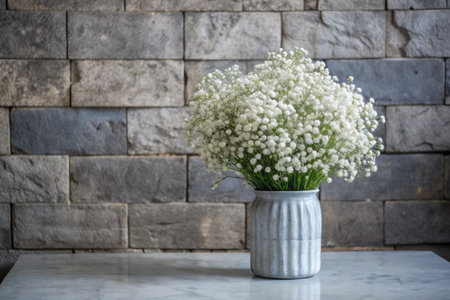 White gypsophila flowers in vase on stone wall backgroundの素材