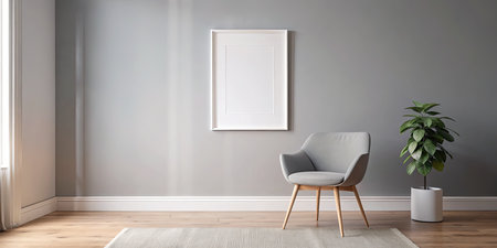 Interior of modern living room with gray armchair and poster on wallの素材