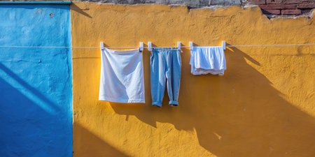 Clothes drying on a clothesline against a yellow wallの素材