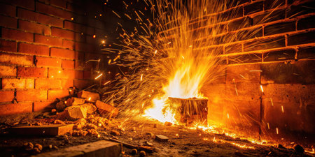 fire flames with sparks from burning coals in a fireplace or stoveの素材