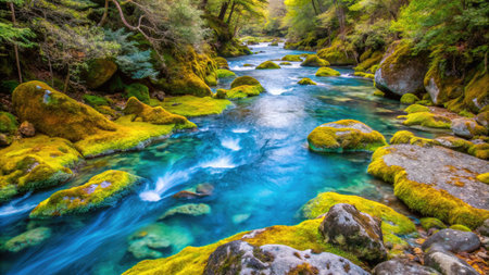 Mossy rocks in the turquoise water of a mountain riverの素材