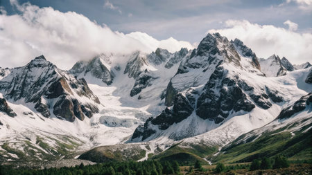 Mountain landscape with snow-capped peaks in the clouds.の素材