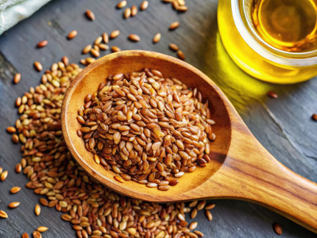 Flax seeds and oil in a wooden spoon on a dark background.の素材
