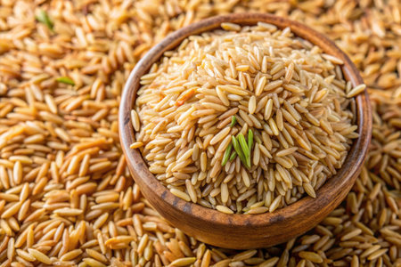 Raw brown rice in wooden bowl and spoon on brown rice background.の素材