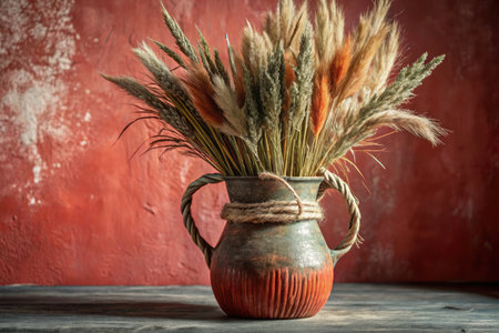 Ears of wheat in a vase on a wooden table.の素材