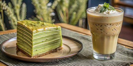 Green tea crepe cake and iced latte coffee in cafeの素材