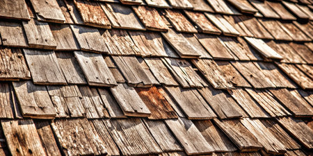 Old wooden shingles on the roof of an old house.の素材