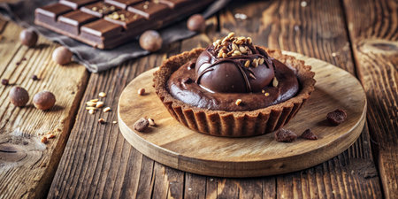 Chocolate cupcake with nuts and chocolate glaze on wooden backgroundの素材