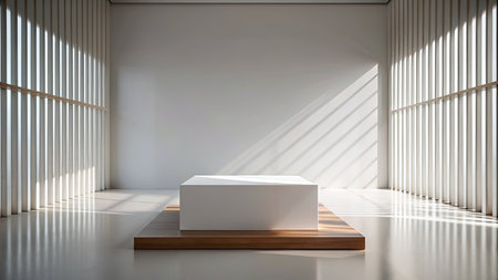 Empty white podium in empty room with window.の素材
