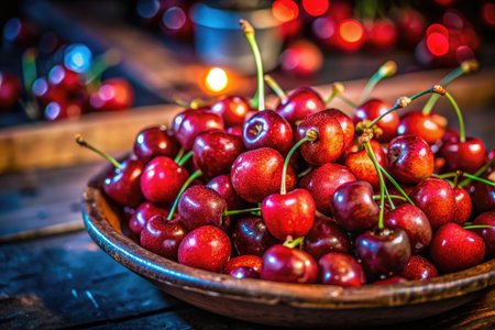 Sweet cherries in a wooden bowl on a wooden table, selective focusの素材