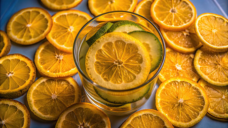 Slices of lemon and lime in a glass of water.の素材