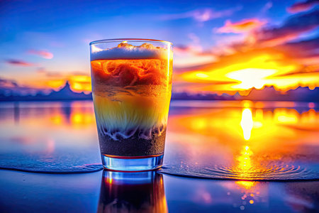 Coffee in glass on the beach with sunset sky background.の素材