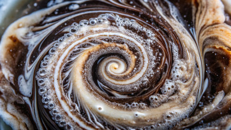 Close-up of swirling coffee and cream creating spiral pattern with bubbles in rich brown and beige tonesの素材