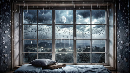 Double exposure of night sky with moon, clouds and window.の素材