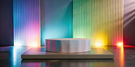 Pedestal or platform for product presentation with colorful neon lights.の素材