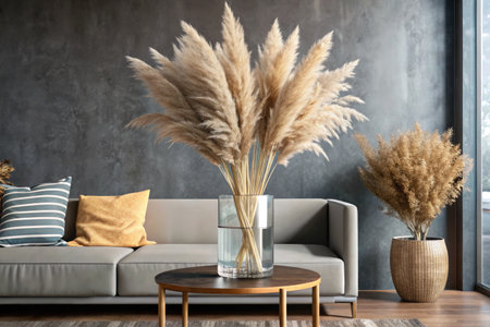 Modern living room interior with sofa, pillows and pampas grassの素材