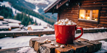 Hot chocolate with marshmallows in a red cup on the background of winter mountains.の素材