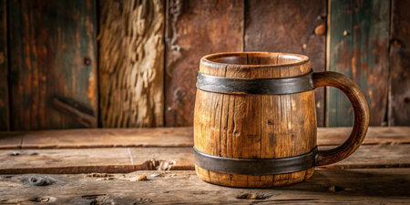 Wooden beer mug on rustic wooden background. Copy space.の素材