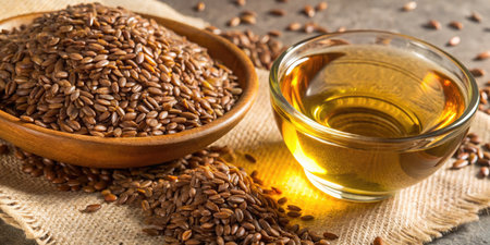 Flax seeds in a bowl and linseed oil in a glass on a gray background.の素材