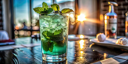 Mojito cocktail with ice and mint on a bar counter.の素材