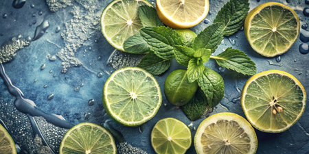 Fresh lime and mint on blue background. Top view. Copy space.の素材