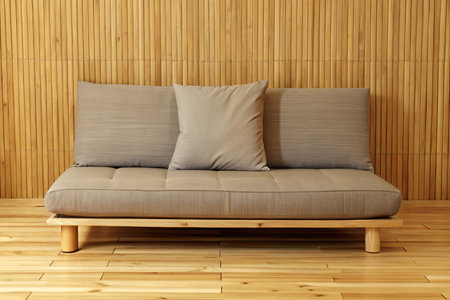 Sofa with pillows on wooden background.の素材