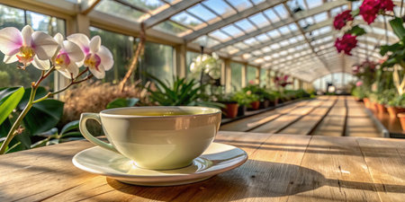 Cup of green tea on a wooden table in the garden.の素材