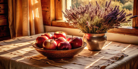 Still life with apples and lavender in a bowl on the windowsillの素材