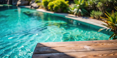 Outdoor swimming pool with wood deck and blue water background. bokehの素材