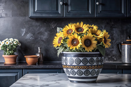 Beautiful sunflowers in vasele table in kitchenの素材