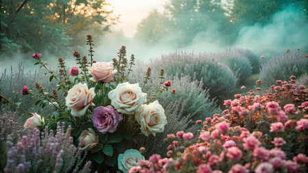 Beautiful blooming bush of pink roses and lavender in the morning fogの素材