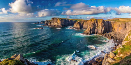 Dramatic coastal cliffs with crashing waves, layered rock formations, and turquoise ocean under cloudy skyの素材