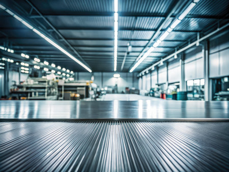 Empty metal floor in modern factory warehouse, blur background. Industrial backgroundの素材