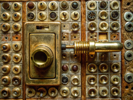 Closeup of an old brass door lock with brass fittings.の素材