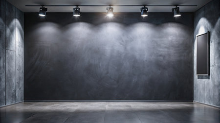 Empty black room interior with concrete wall and lamps.の素材